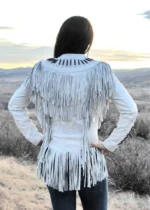 Women Native American Western Real Leather Jacket Fringe & Beaded - White - Image 2