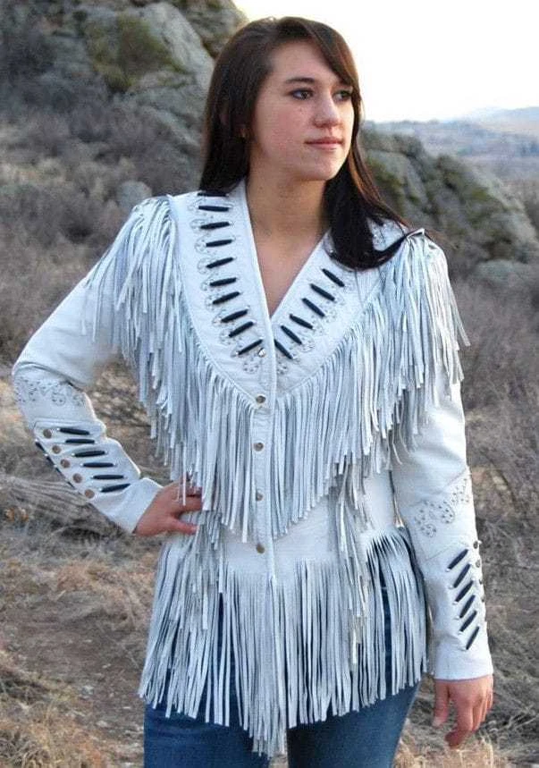 25 Women Native American Western Real Leather Jacket Fringe & Beaded - White - Image 1