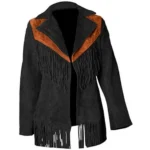 Women Suede Leather American Native Style Jacket Fringed - Black & Brown