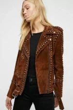 Women Brown Western Style Suede Leather Jacket Tips & Studs - Zipper