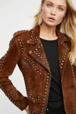 Women Brown Western Style Suede Leather Jacket Tips & Studs - Zipper - Image 2