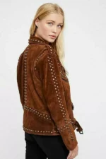 Women Brown Western Style Suede Leather Jacket Tips & Studs - Zipper - Image 3