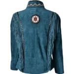 Women Suede Leather American Native Style Jacket Fringed & Beaded - Blue - Image 2