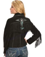 Women Native American Western Cowboy Leather Jacket Suede Fringe & Beaded Black - Image 2