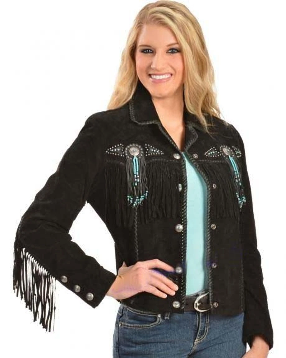 j11 Women Native American Western Cowboy Leather Jacket Suede Fringe & Beaded Black - Image 1