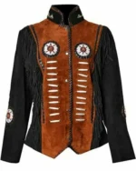 Women Suede Leather American Native Style Jacket Fringed & Beaded - Contrast