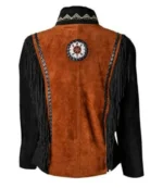 Women Suede Leather American Native Style Jacket Fringed & Beaded - Contrast - Image 2