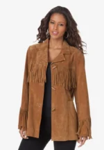 Women Brown Western Style Suede Leather Coat Fringed With Buttons Closure