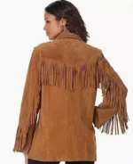 Women Brown Western Style Suede Leather Coat Fringed With Buttons Closure - Image 2