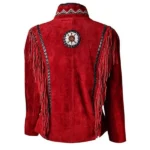 Women Red Suede Leather American Native Western Style Jacket Fringed & Beaded - Image 2