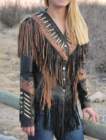 Women Native American Western Cowboy Real Leather Jacket Contrast Fringe & Bead