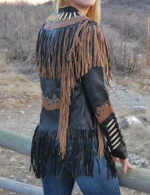 Women Native American Western Cowboy Real Leather Jacket Contrast Fringe & Bead - Image 2