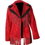 Women Suede Leather American Native Style Jacket Fringed - Red & Black