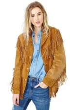 Women Native American Western Leather Jacket Suede Leather Fringe & Snap Closure
