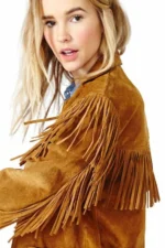 Women Native American Western Leather Jacket Suede Leather Fringe & Snap Closure - Image 2