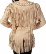 Women Western Style Real Leather Jacket Fringes & Bead Work - Beige Real Leather - Image 2