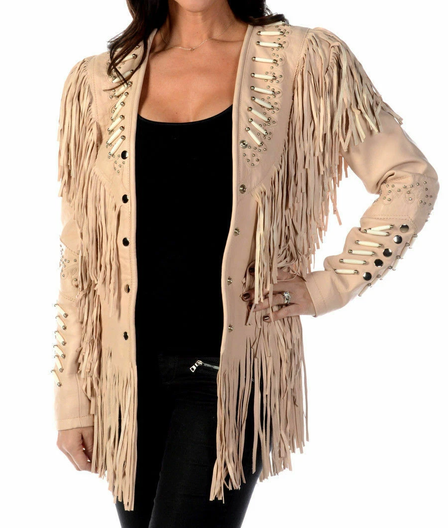 j36 Women Western Style Real Leather Jacket Fringes & Bead Work - Beige Real Leather - Image 1