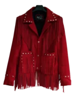 Women Red Suede Leather American Native Western Style Jacket With Fringes
