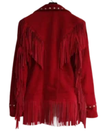 Women Red Suede Leather American Native Western Style Jacket With Fringes - Image 2