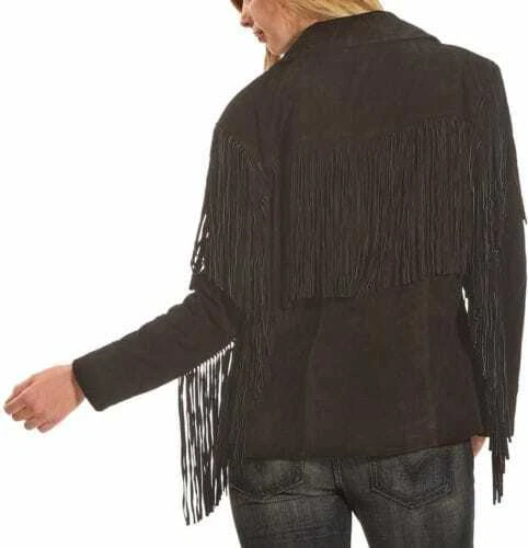 j39.1 Women Native American Western Cowboy Leather Jacket Fringe Suede Jacket - Black - Image 2