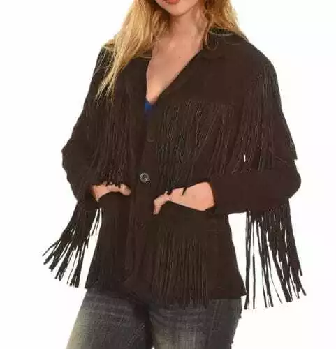 j39 Women Native American Western Cowboy Leather Jacket Fringe Suede Jacket - Black - Image 1