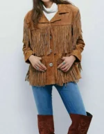 Women Brown Western Style Suede Leather Jacket Fringed With Buttons Closure