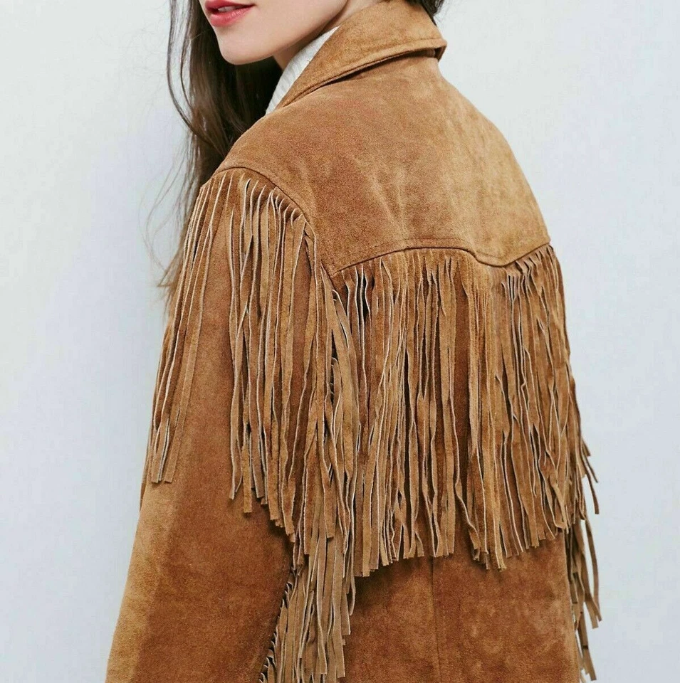 j40.1 Women Brown Western Style Suede Leather Jacket Fringed With Buttons Closure - Image 2