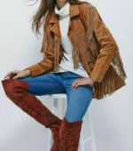 Women Brown Western Style Suede Leather Jacket Fringed With Buttons Closure - Image 3
