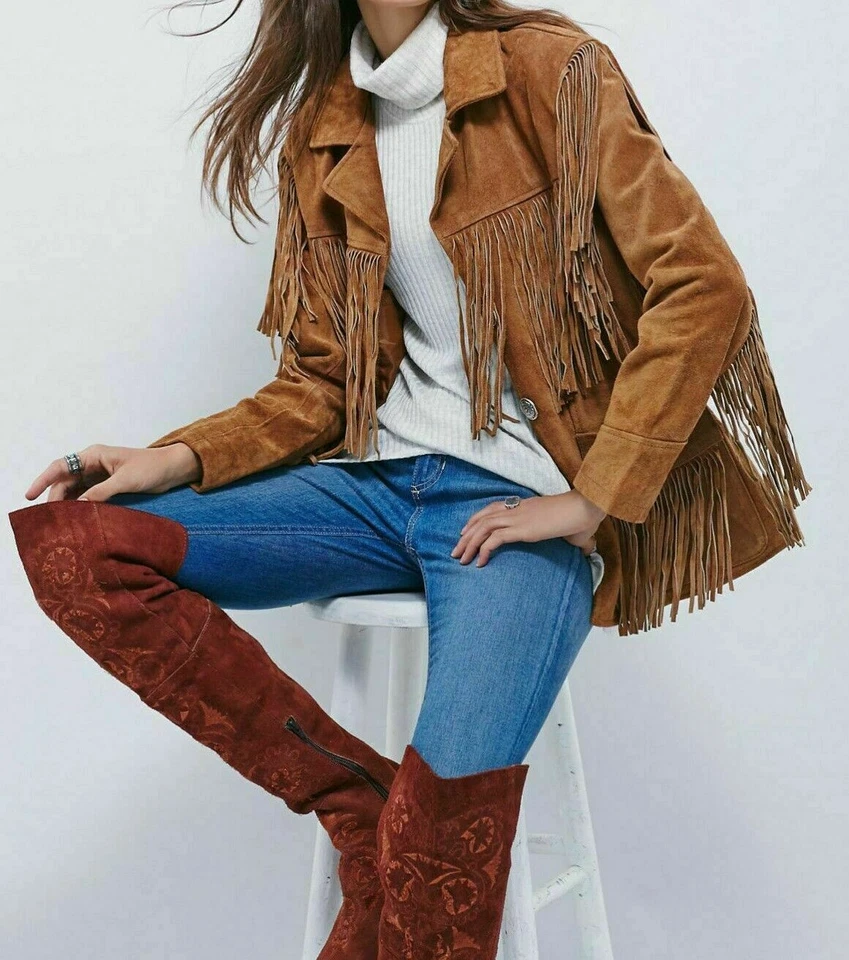 j40.2 Women Brown Western Style Suede Leather Jacket Fringed With Buttons Closure - Image 3