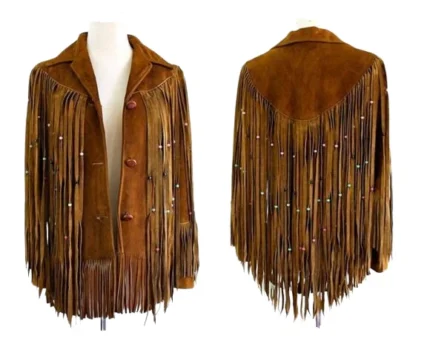 Women Brown Western Style Suede Leather Jacket Long Fringes With Beads