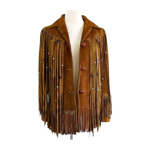 j41.1 Women Brown Western Style Suede Leather Jacket Long Fringes With Beads - Image 2