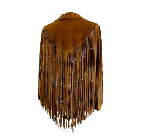 j41.2 Women Brown Western Style Suede Leather Jacket Long Fringes With Beads - Image 3