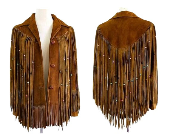 j41 Women Brown Western Style Suede Leather Jacket Long Fringes With Beads - Image 1