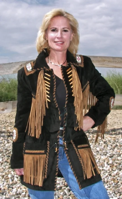 Women Native American Western Cowboy Leather Jacket Suede Contrast Fringe Beaded