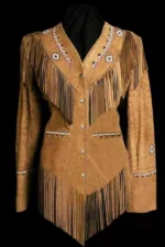Women Brown Western Cowboy Style Suede Leather Jacket With Fringe & Beaded Work