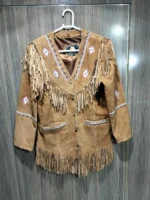 Women Brown Western Cowboy Style Suede Leather Jacket With Fringe & Beaded Work - Image 2