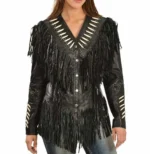 Women Western Style Real Leather Jacket Fringes & Bead Work - Black Real Leather