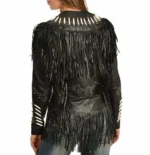 Women Western Style Real Leather Jacket Fringes & Bead Work - Black Real Leather - Image 2