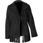 Women Suede Leather American Native Style Jacket Fringed - Black