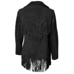 Women Suede Leather American Native Style Jacket Fringed - Black - Image 2