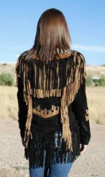 Women Native American Western Cowboy Leather Jacket Suede Contrast Fringe & Bead - Image 2