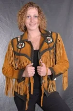 Women Native American Western Cowboy Leather Jacket Suede Fringe & Beaded