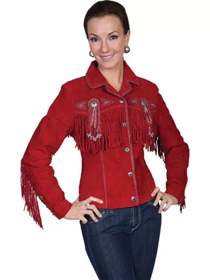 Women Red Suede Leather Jacket With Fringed & Bead Work - Short Length