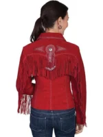 Women Red Suede Leather Jacket With Fringed & Bead Work - Short Length - Image 2