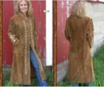 Women Tan Brown Western Style Suede Leather Coat With Fringe - Long Coat