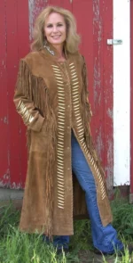 Women Tan Brown Western Style Suede Leather Coat With Fringe - Long Coat - Image 2