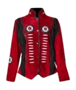 Women Suede Leather American Native Style Jacket Fringed & Beaded - Red & Black