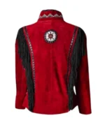 Women Suede Leather American Native Style Jacket Fringed & Beaded - Red & Black - Image 2