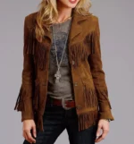 Women Suede Leather Western Style Jacket With Fringe - Brown Suede