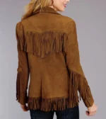 Women Suede Leather Western Style Jacket With Fringe - Brown Suede - Image 2